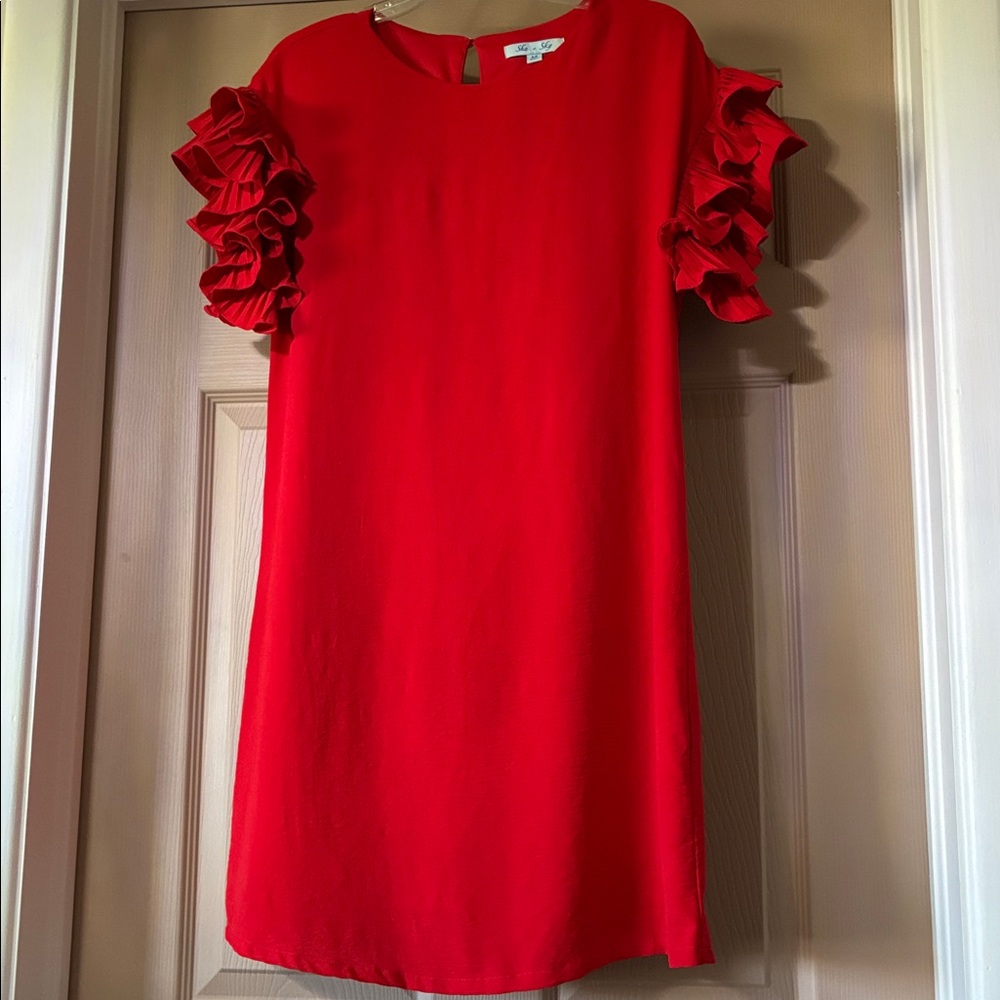 She + Sky Red Ruffle Sleeve Shift Dress